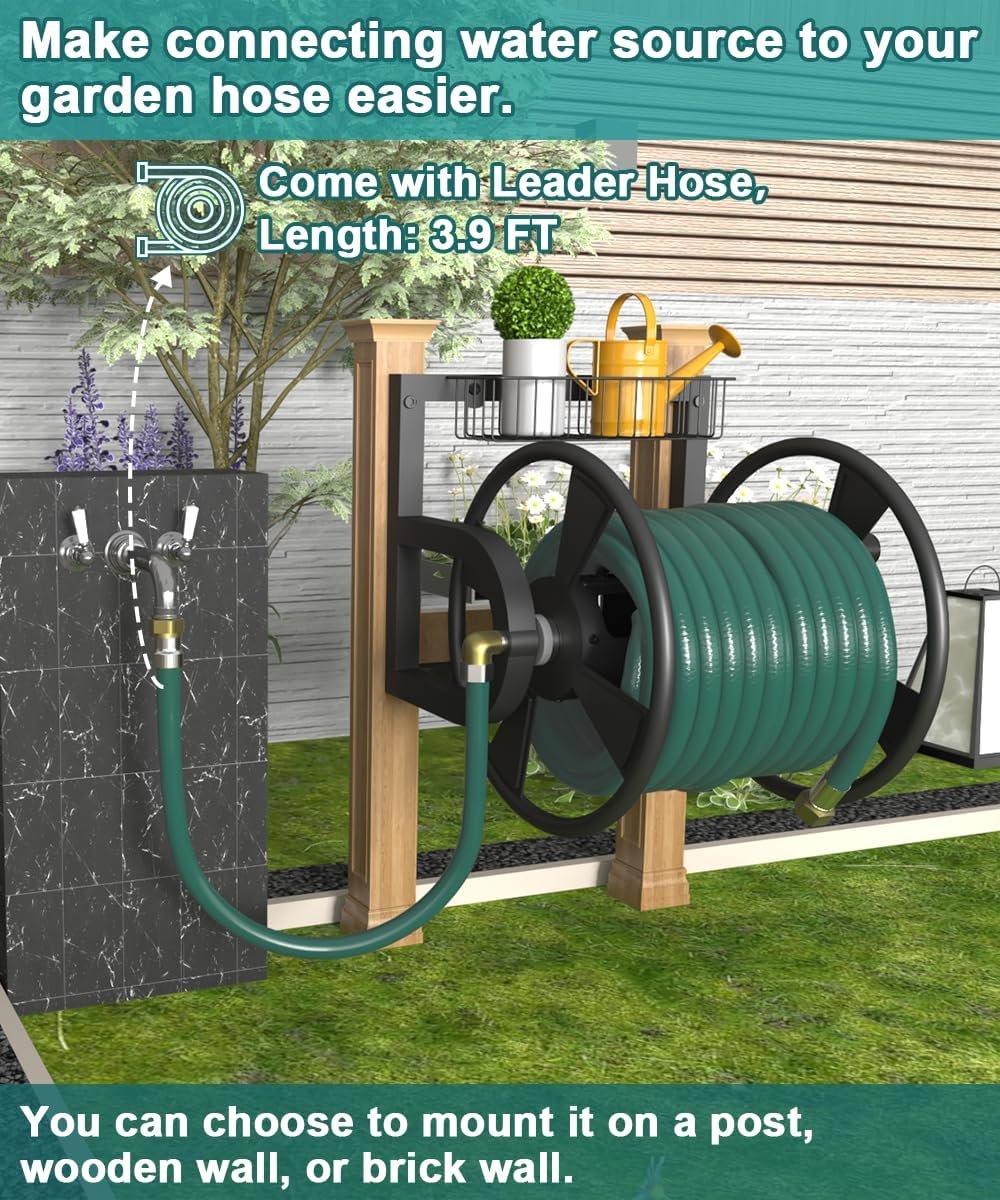 Garden Wall Mounted Hose Reel, Outdoor Heavy-Duty Water Hose Holder Winder, Holds 125 Feet of 5/8-Inch Hose, with 3.9 ft Leader Hose, Brass Fitting and Storage Basket for Yard, Black - Image 3