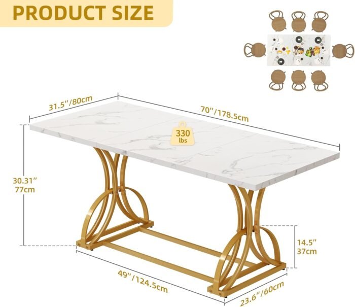 DWVO 70.3" Large Modern Dining Table for 6-8 People Rectangular White Kitchen Dining Room Table with Faux Marble Tabletop and Gold Geometric Metal Legs Farmhouse Wood Dinner Tables, White and Gold - Image 2