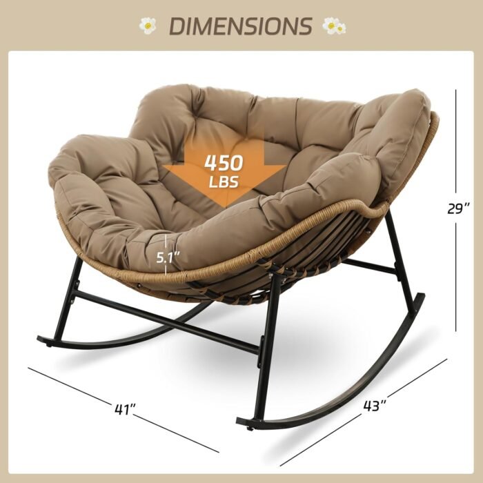 BULEXYARD Outdoor Papasan Rocking Chair with Padded Cushion, Oversized PE Rattan Comfy Royal Rocking Lounge Chair, Modern Comfy Patio Egg Chair Indoor Outdoor (1 pc, Brown) - Image 2