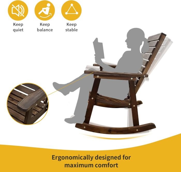 Wooden Rocking Chair with High Backrest and Contoured Seat, Solid Fir Wood, Heavy Duty 600 LBS, for Both Outdoor and Indoor, Backyard, Porch and Patio (Coffee) - Image 5