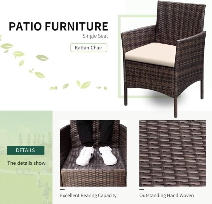 Greesum 3 Pieces Patio Furniture Sets Outdoor PE Rattan Wicker Chairs with Soft Cushion and Glass Coffee Table for Garden Backyard Porch Poolside, Brown and Beige - Image 4