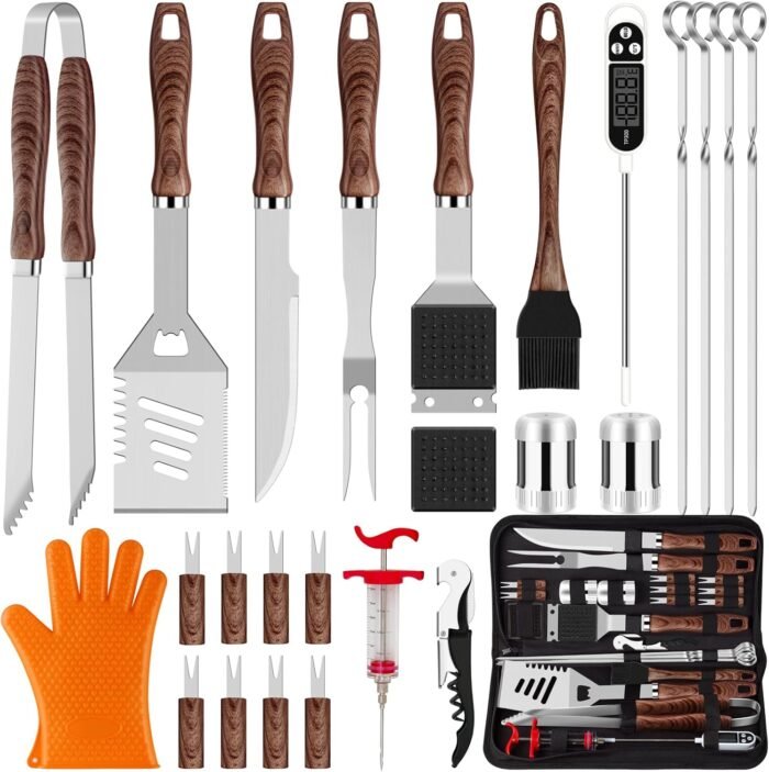 ROMANTICIST 26pcs Grilling Accessories Kit for Men Women, Stainless Steel Heavy Duty BBQ Tools with Glove and Corkscrew, Grill Utensils Set in Portable Canvas Bag for Outdoor,Camping,Backyard,Brown - Image 2