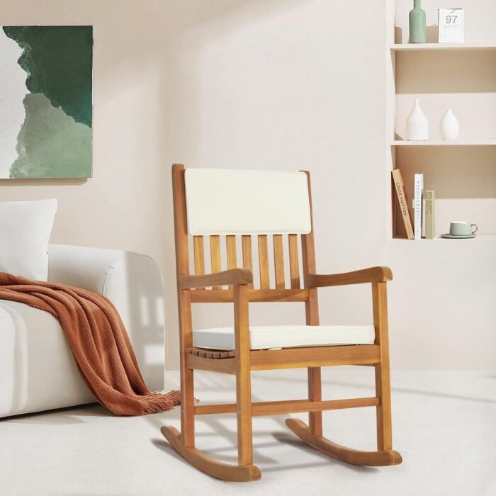 VINGLI Acacia Outdoor Rocking Chair with Cushions, Wooden Rocker Support 550 LBS for Indoors & Outdoors, 1 Pack - Image 7