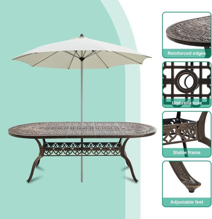 Cast Aluminum 86.6" Oval Patio Dining Table,Outdoor Dining Table for 8-10,Patio Metal Dining Table with Umbrella Hole for Backyard,Garden,Poolside - Image 8