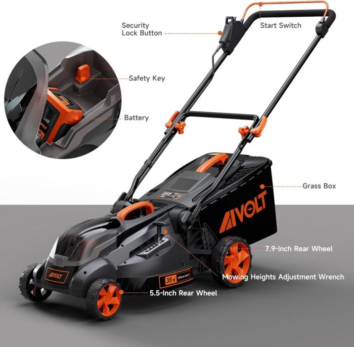 AIVOLT Cordless Lawn Mower Battery Powered 16-inch Brushless Lawn Mowers Walk-Behind Push Grass Mower with 36V 4.0Ah Battery and Charger - Image 5