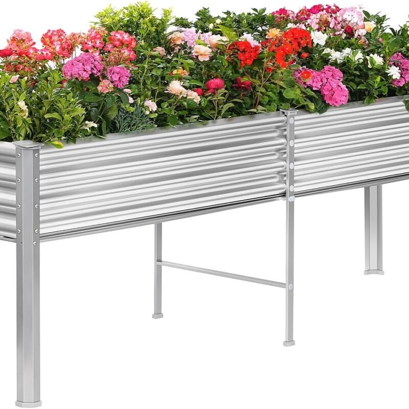 Land Guard Galvanized Raised Garden Bed with Legs, 96×24×32in Raised Garden Beds Outdoor with Drainage Holes, Planter Boxes Outdoor for Backyard, Patio, Balcony, 800lb Capacity, Silver