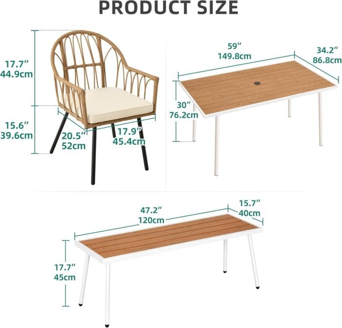 YITAHOME 8 Pieces Outdoor Patio Dining Set with Wicker Patio Dining Chair, Backless Bench & Table with Umbrella Hole, Garden Dining for Patios, Backyard, Balcony, Lawn - Image 5