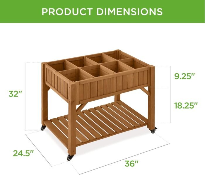 Best Choice Products Elevated 8 Pocket Herb Garden Bed, Mobile Raised Customizable Wood Planter for Herbs, Vegetables, Flowers w/Lockable Wheels, Storage Shelf, Drainage Holes - Acorn Brown - Image 7