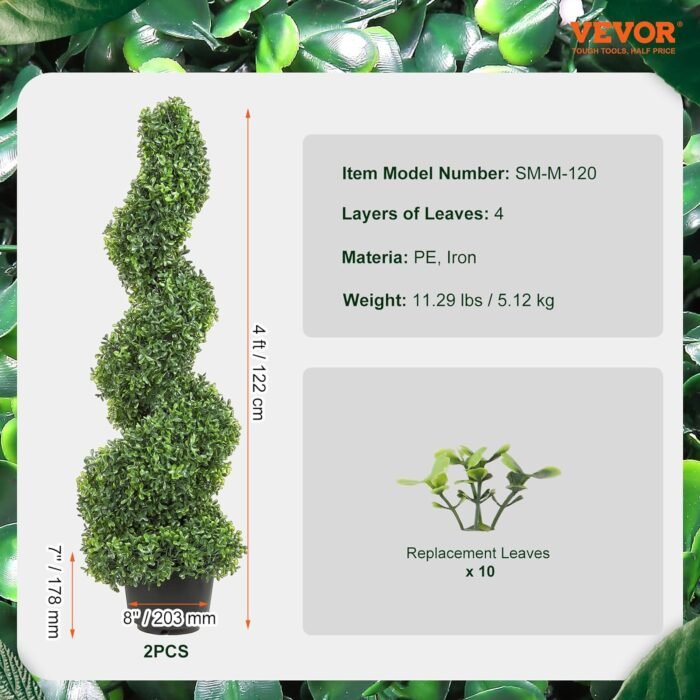 VEVOR Artificial Boxwood Spiral Topiary Trees, 4ft Tall (2 Pieces) Faux Plant Outdoor, All-Year Green Fake Plant with Replaceable Leaves for Decorative/Indoor/Porch/Garden - Image 7