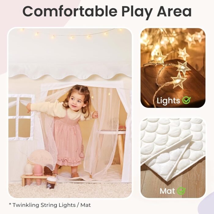 Tiny Land Play Tent with Padded Mat & LED Lights, Kids Tent, Playhouse for Kids, Indoor Bed Tent for Toddler, Toys for 3,4,5,6-Year-Old Girls, Neutral Color Play Room Furniture - Image 2