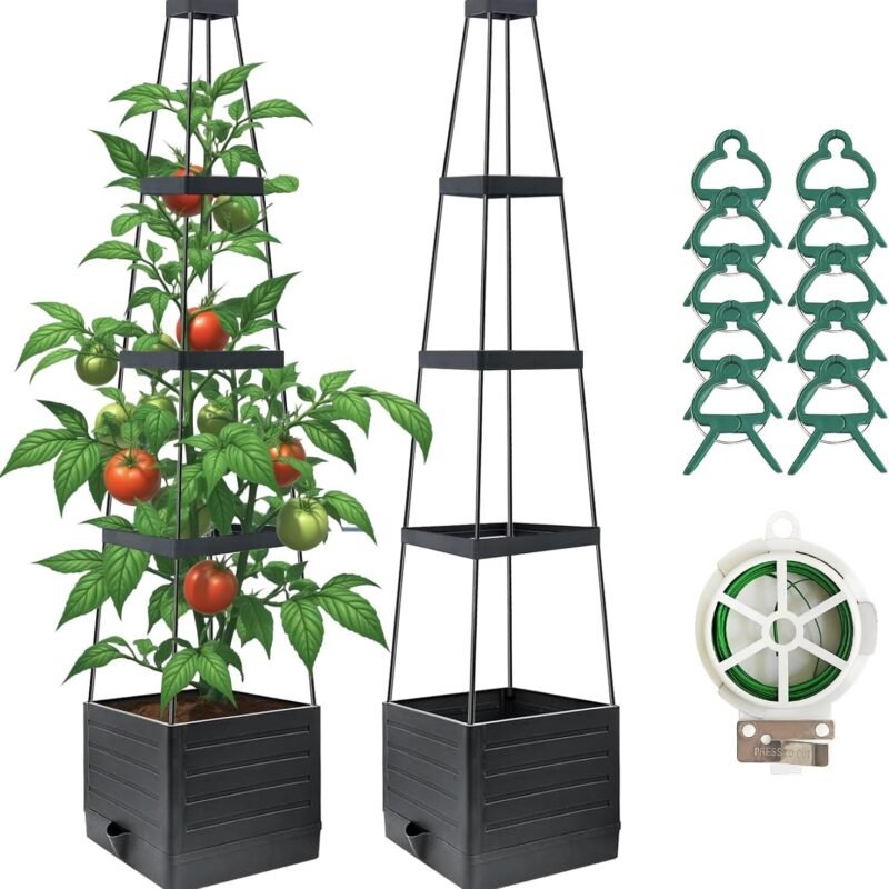 2 Pack Raised Garden Bed Planter Box with Trellis, 58”Tomato Planter with Trellis for Climbing Plants Vegetables Vine Flowers, Self-Watering Tomato Cage for Garden Patio Outdoor & Indoor