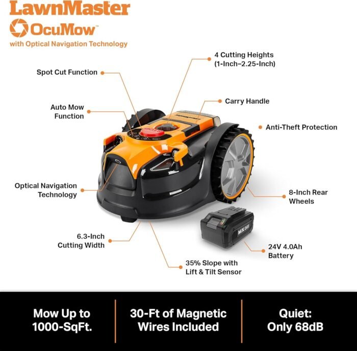 LawnMaster OcuMow™ Perimeter Wire Free Robot Lawn Mower Cuts Small Lawns 1500-2000 Square Feet with Optical Navigation, Obstacle Avoidance, Low Noise and No Go Function - Image 7