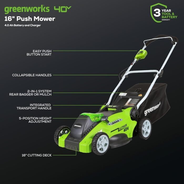 Greenworks 40V 16" Cordless (Push) Lawn Mower (75+ Compatible Tools), 4.0Ah Battery and Charger Included - Image 2