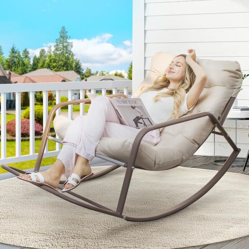 BULEXYARD Beige Oversized Indoor Outdoor Lounge Royal Rocking Chair with Armrest Footrest for Napping Relaxing, Heavy Duty Patio Reclining Papasan Rocker Chair with Padded Cushion for Porch, Sunroom