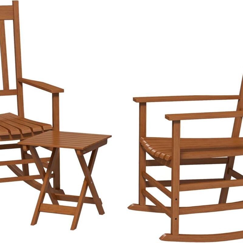 Outsunny Wooden Rocking Chair Set w/Foldable Side Table, Outdoor Rocker Chairs with Curved Armrests, High Back & Slatted Seat for Garden, Balcony, Porch, Supports Up to 352 lbs., Teak