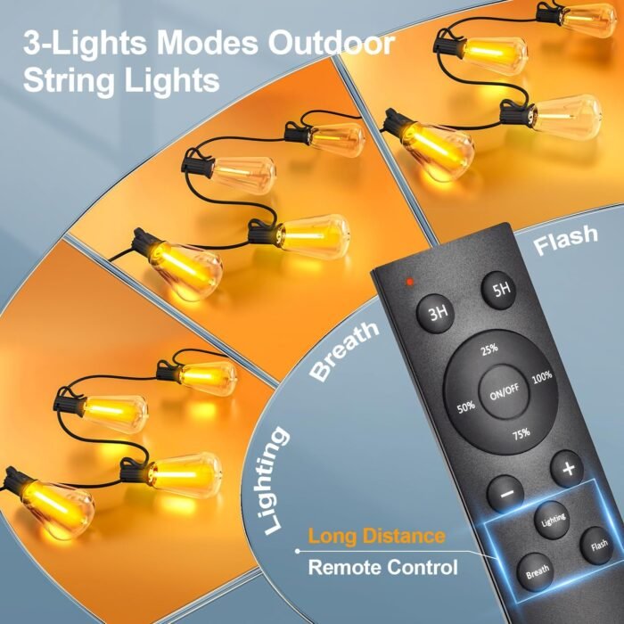 Outdoor String Led Patio Lights - 100Ft 30M Outside Waterproof Light With Remote Dimmable ST38 Shatterproof Bulb Connectable Hanging Outdoor Electric Lighting For Backyard Yard Gazebo Porch Party - Image 2