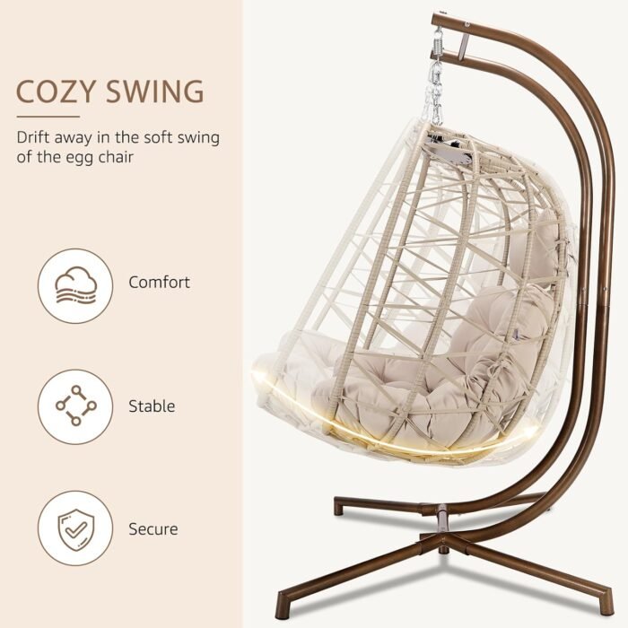 NICESOUL® Double Swing Egg Chair with Stand, Extra Large 2 Person Indoor Outdoor Wicker Patio Loveseat Basket Hanging Chair with Beige Cushions, 510 Lbs Capacity for Bedroom Balcony Oversized - Image 8