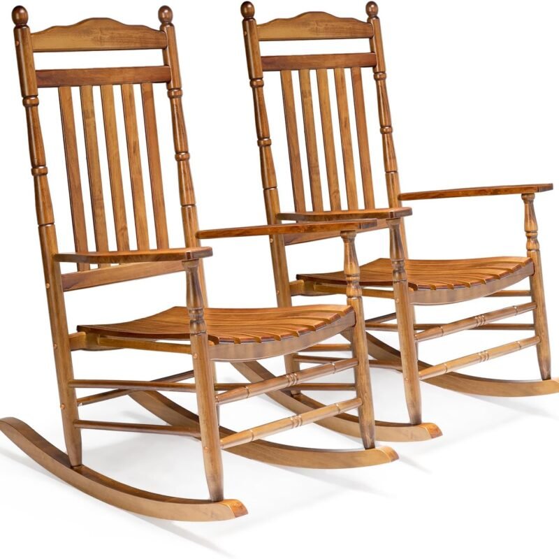 VINGLI 2 PCS Wood Rocking Chair Outdoor with 450 lbs Support, Outdoor Rocking Chair Set of 2, Solid Wood High Back Seat Reclining Seat for Deck, Garden, Backyard, Porch, Indoor or Outdoor Use, Teak