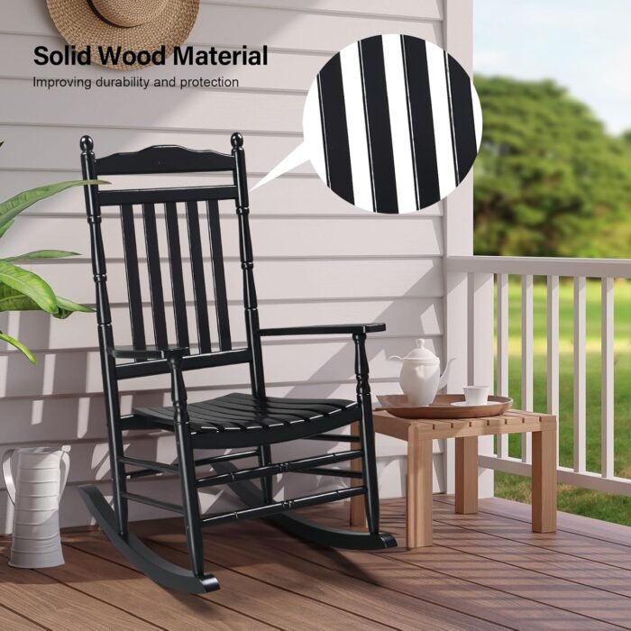 VINGLI Wood Rocking Chair Outdoor with 450 lbs Support Relaxing Rocker Solid Wood High Back Seat Reclining Seat for Deck, Garden, Backyard, Porch, Indoor or Outdoor Use, Black - Image 6