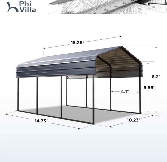 PHI VILLA 10 x 15 ft Heavy Duty Carport with Galvanized Steel Roof, Sturdy Metal Carport for Cars, Boats, and Tractors - Image 6