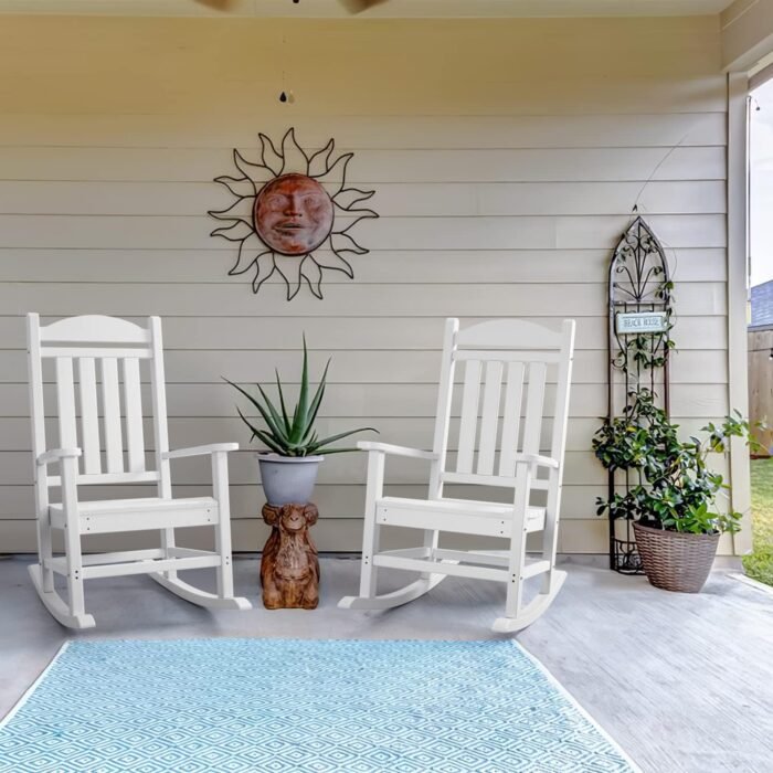 Devoko Resin Rocking Chair Plastic Outdoor Indoor Patio Rocker Chair High Back All Weather Rocker for Patio Backyard Porch Garden (White) - Image 2
