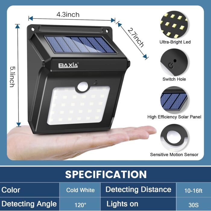 BAXIA TECHNOLOGY Solar Outdoor Lights Wireless Security Motion Sensor Outdoor Lights Solar Lights Outdoor Waterproof for Front Door,Backyard,Steps,Garage,Garden (400LM,4 Packs) - Image 5