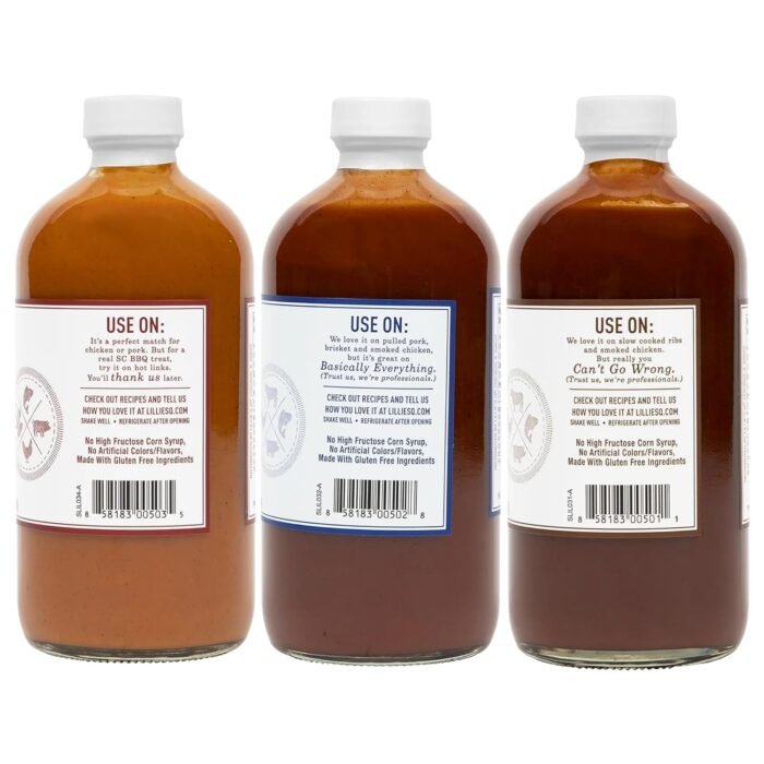 Lillie’s Q - Barbeque Sauce Variety Pack, Gourmet BBQ Sauce Set, Made with Gluten-Free Ingredients, Includes Carolina BBQ Sauce (20 oz), Gold BBQ Sauce (19 oz) & Smoky BBQ Sauce (20 oz) | 3-Pack - Image 3