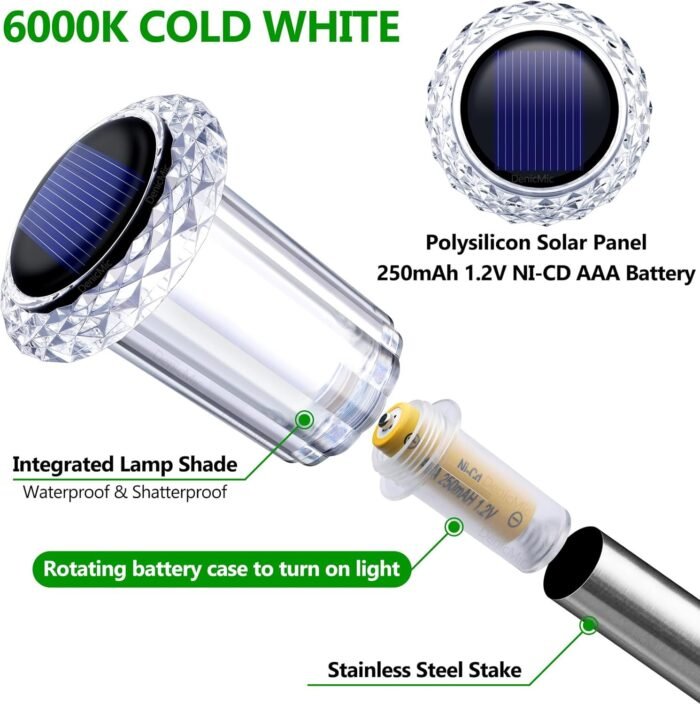 DenicMic Solar Lights Outdoor Pathway Lights 6000K LED Waterproof Acrylic Lamp Head Stainless Steel Stake for Yard Garden Landscape Path Walkway Driveway Patio Lawn (Cold White 10Pack) - Image 2