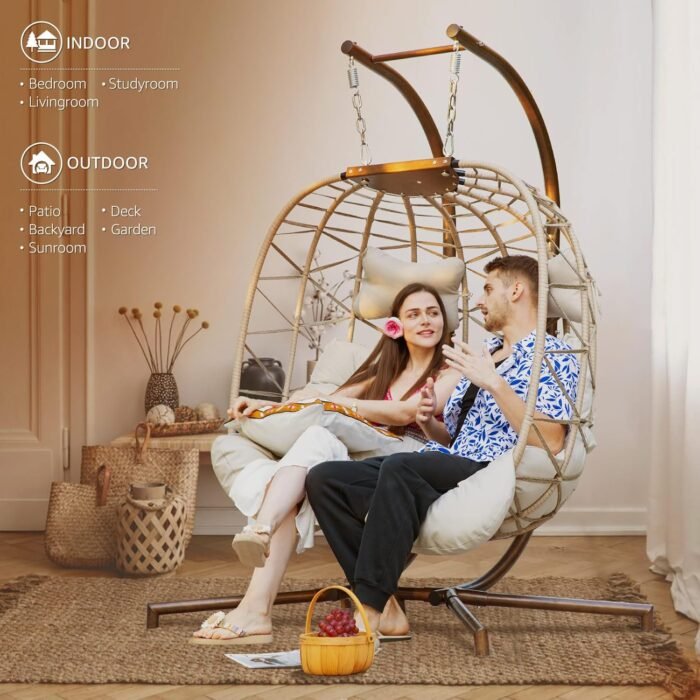 NICESOUL® Double Swing Egg Chair with Stand, Extra Large 2 Person Indoor Outdoor Wicker Patio Loveseat Basket Hanging Chair with Beige Cushions, 510 Lbs Capacity for Bedroom Balcony Oversized - Image 9