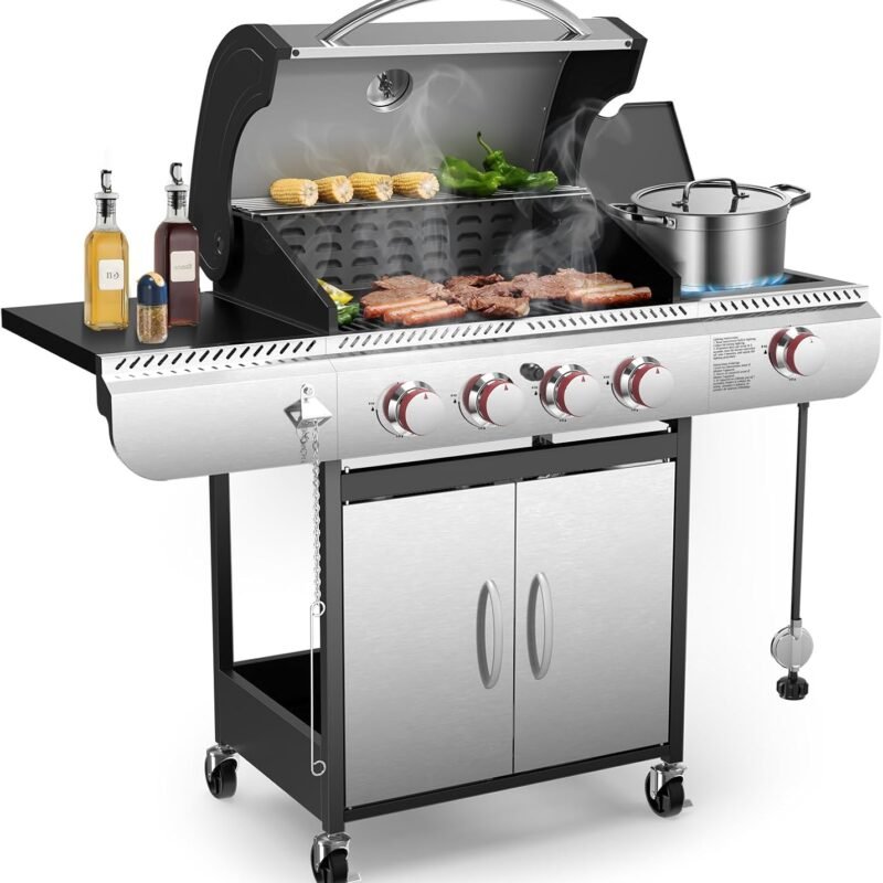 4-Burner Gas BBQ Grill with Side Burner, Porcelain-Enameled Cast Iron Grates, Baking Pan, 42,000 BTU Stainless Steel Propane Grill for Outdoor Cooking and Patio Barbecues
