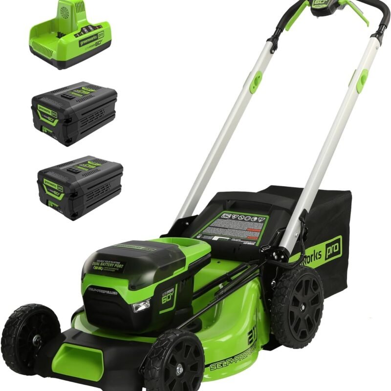Greenworks 60V 21โ Cordless (Self-Propelled) Lawn Mower (LED Lights + Aluminum Handles), 2 x 4.0Ah Batteries and Dual Port Rapid Charger