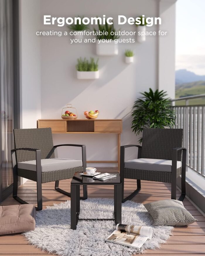 3 Pieces Patio Furniture Set Rocking Bistro Set Outdoor Rattan Conversation with Coffee Table for Garden Balcony Backyard Poolside (Grey Cushion) - Image 6