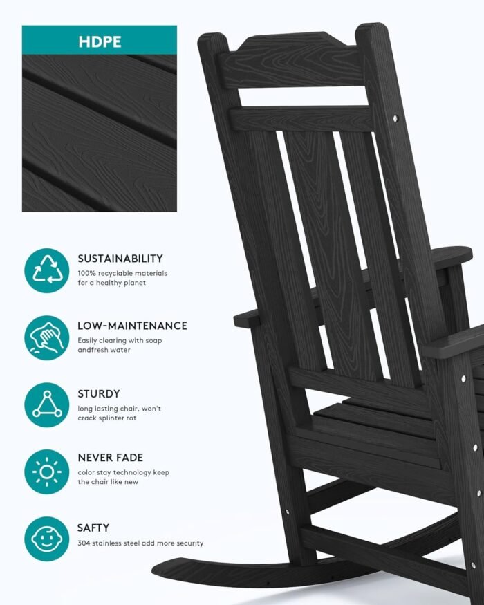SERWALL Black Outdoor Rocking Chair Set of 2, All Weather Patio Rocking Chair, HDPE Poly Rocking Chair for Adults, Heavy Duty Front Porch Rocker - Image 5