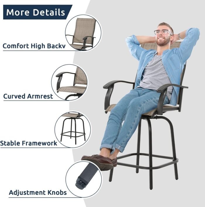 UDPATIO Patio Swivel Bar Stools Chair of 2, Outdoor Bar Height Set, All Weather High Back and Armrest Patio Stools & Bar Chairs for Backyard, Lawn Garden, Balcony and Pool, Brown - Image 8