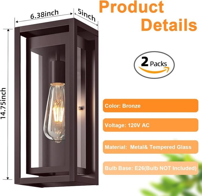 15" Large Oil Rubbed Bronze Outdoor Light Fixture, 2 Pack ORB Outdoor Sconces, Modern Waterproof Outdoor Wall Lights with Clear Glass Shade for Front Door, Porch, Garage - Image 4