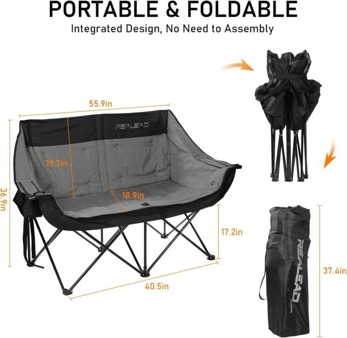 REALEAD Heated Double Camping Chair, 3 Heat Levels and 4 Heating Zones, Portable Heated Loveseat Chair for Outdoor Sports Support 650lbs, Heated Folding Chairs for Outside, Battery NOT Included - Image 2