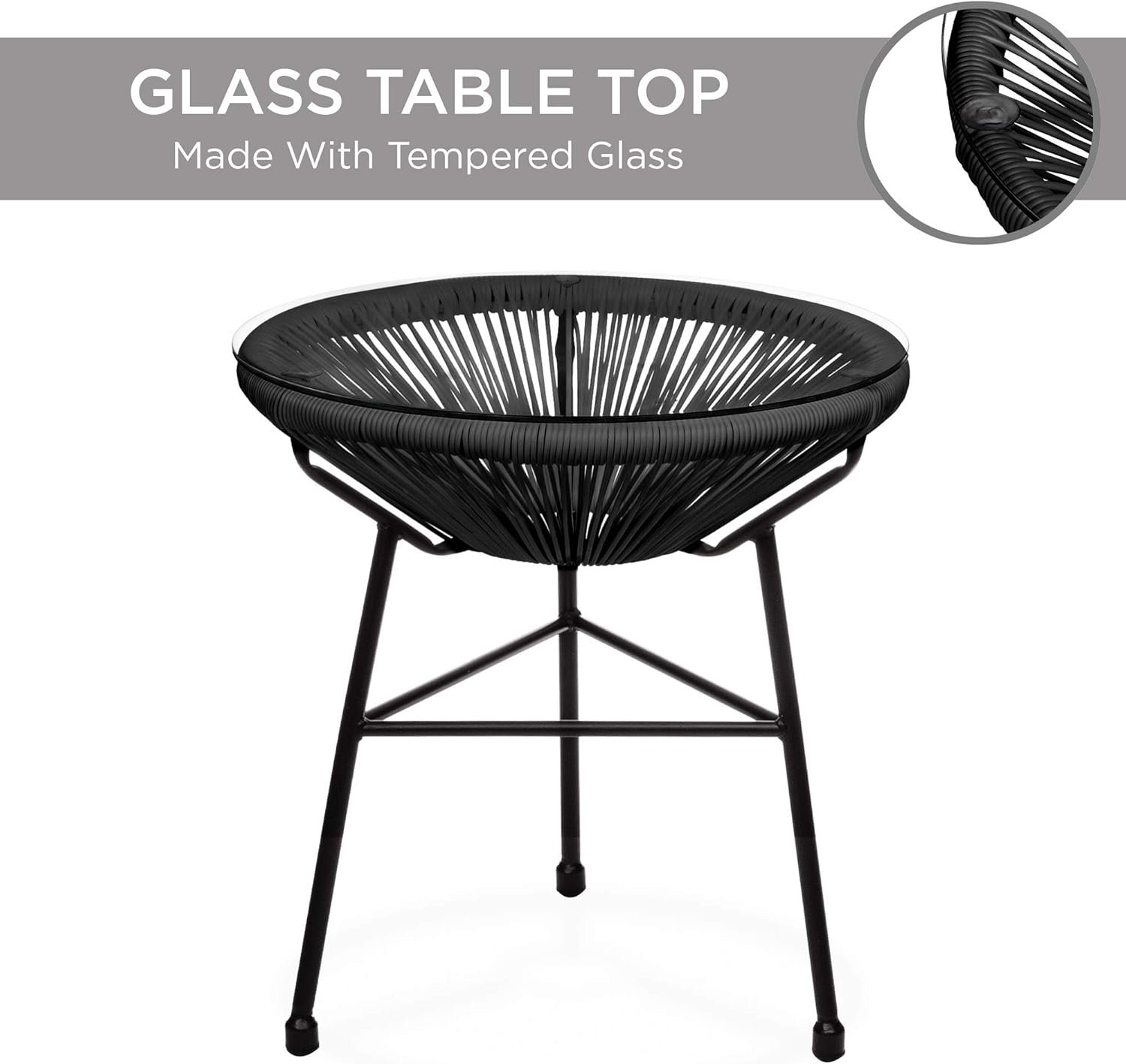 Best Choice Products 3-Piece Outdoor Acapulco All-Weather Patio Conversation Bistro Set w/Plastic Rope, Glass Top Table and 2 Chairs - Black - Image 5