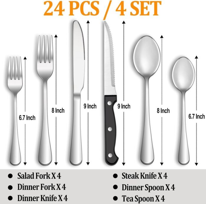 24 Pcs Silverware Set with Steak Knives Service for 4,Stainless Steel Flatware Set,Mirror Polished Cutlery Utensil Set,Home Kitchen Eating Tableware Set,Include Fork Knife Spoon Set,Dishwasher Safe - Image 2