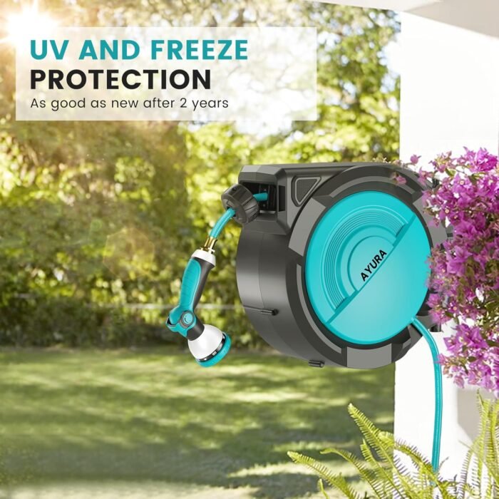 AYURA Retractable Garden Hose Reel, 1/2 inch x 100 ft Water Hose Reel Wall Mounted, UV Resistant Double Shell, Any Length Lock, Slow Auto-Rewind, 180°Swivel Bracket, 10 Pattern Nozzle - Image 4
