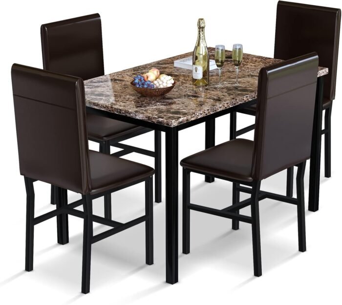 AWQM 5 Piece Dining Table Set for 4,Faux Marble Kitchen Table and Chairs for 4, Modern Dining Room Table Set with 4 Chairs,Dinner Table Set for Small Spaces, Brown
