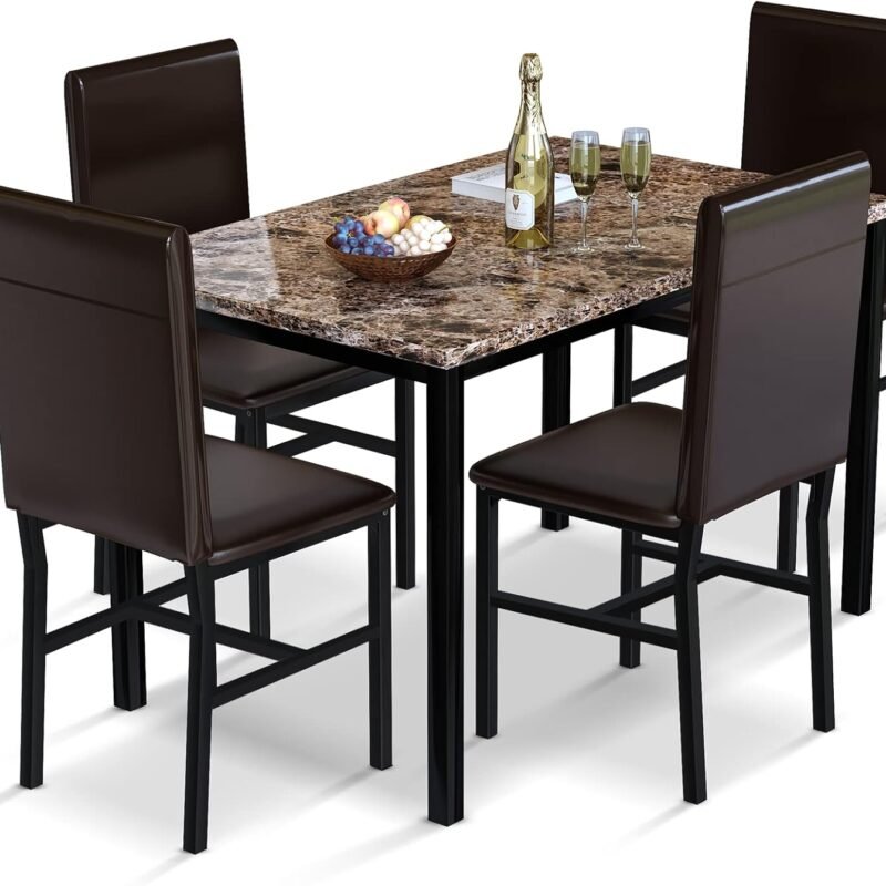 AWQM 5 Piece Dining Table Set for 4,Faux Marble Kitchen Table and Chairs for 4, Modern Dining Room Table Set with 4 Chairs,Dinner Table Set for Small Spaces, Brown