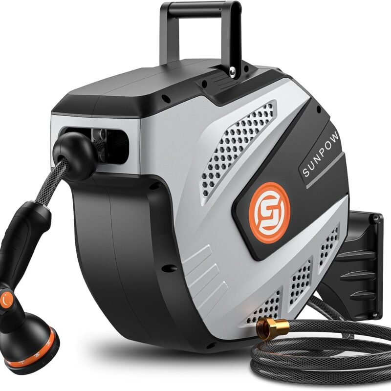 SUNPOW Retractable Garden Hose Reel - 1/2 inch x 50ft Wall Mounted Hose Reel with 3/4 inch Brass Fitting & 10 Function Sprayer Nozzle - Any Length Lock, Auto Rewind System, 180°Swivel Bracket - Grey