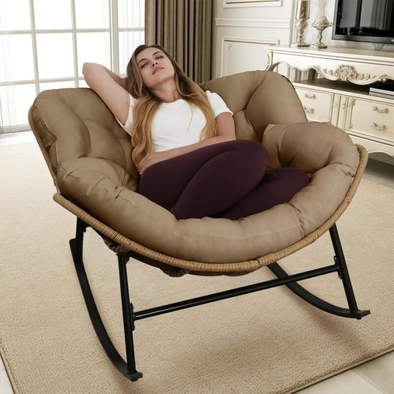 BULEXYARD Outdoor Papasan Rocking Chair with Padded Cushion, Oversized PE Rattan Comfy Royal Rocking Lounge Chair, Modern Comfy Patio Egg Chair Indoor Outdoor (1 pc, Brown)