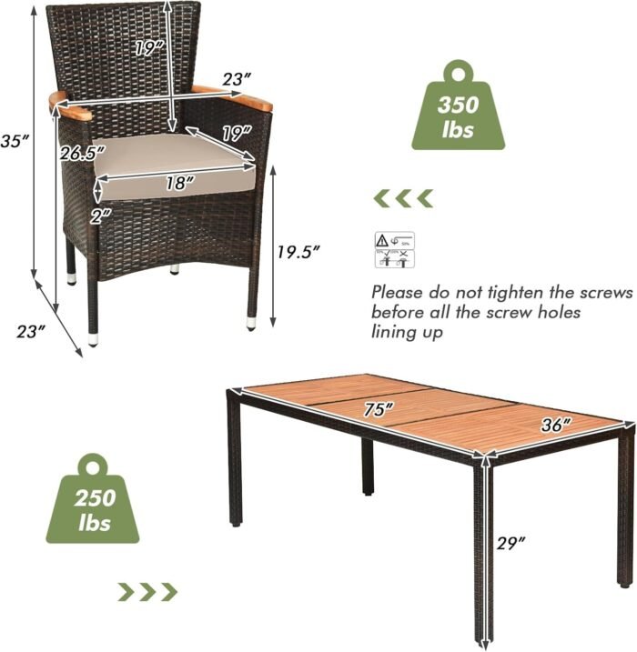 Tangkula 9 Piece Outdoor Dining Set, Garden Patio Wicker Set w/Cushions, Furniture with Acacia Wood Table and Stackable Armrest Chairs - Image 3