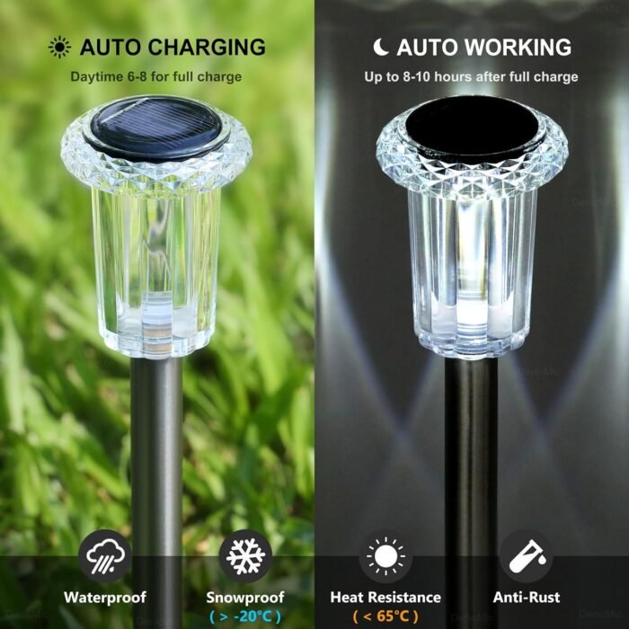 DenicMic Solar Lights Outdoor Pathway Lights 6000K LED Waterproof Acrylic Lamp Head Stainless Steel Stake for Yard Garden Landscape Path Walkway Driveway Patio Lawn (Cold White 10Pack) - Image 3