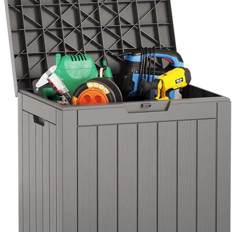 EAST OAK Outdoor Storage Box, 31 Gallon Deck Box Indoor and Outdoor Use, Waterproof Resin Storage Bin for Package Delivery, Patio Cushions, Gardening Tools, Lockable, UV Resistant, Grey