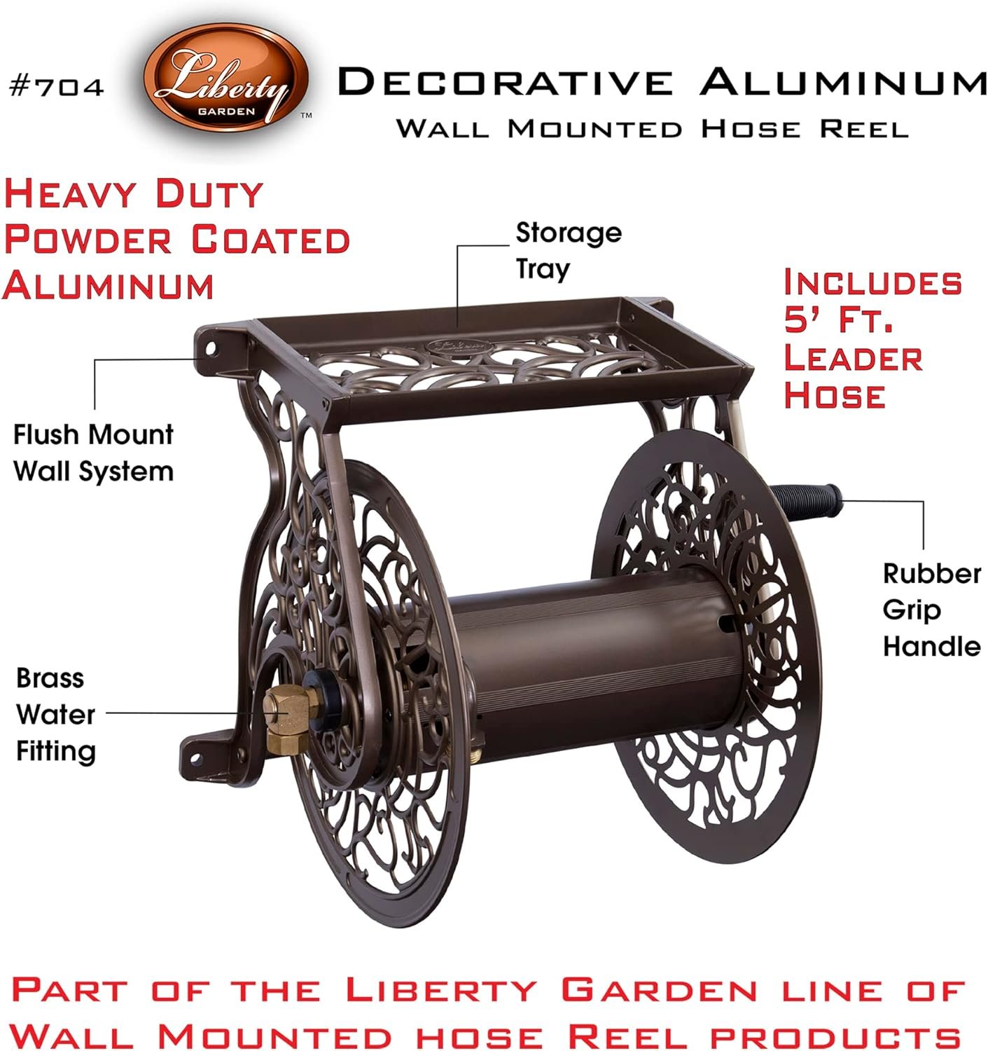 Liberty GARDEN 704 Decorative Cast Aluminum Wall Mount Garden Hose Reel, Holds 125-Feet of 5/8-Inch Hose - Bronze - Image 2