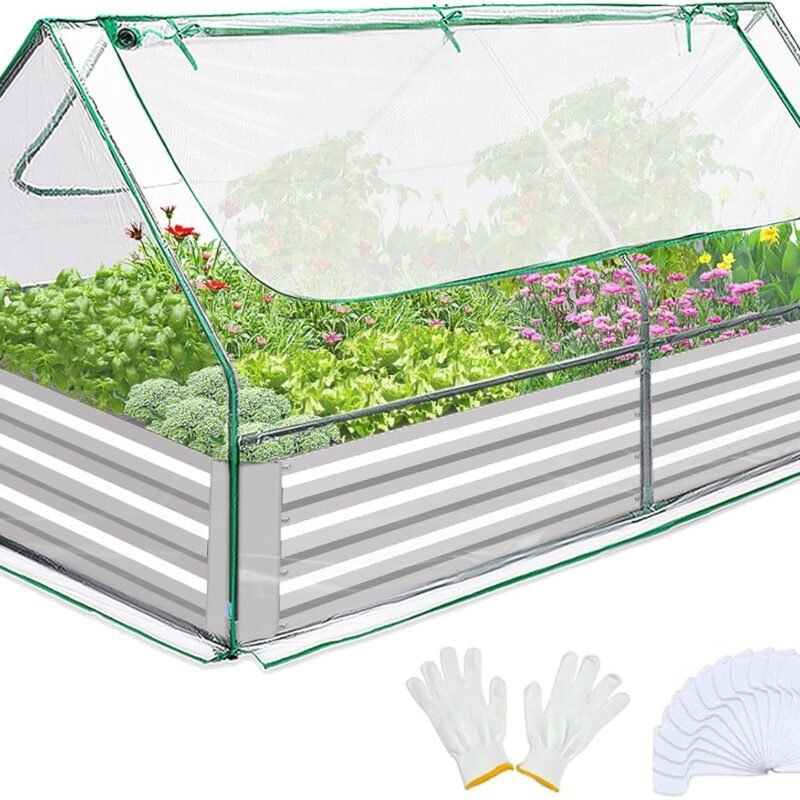 Quictent Raised Garden Bed with Cover Outdoor Galvanized Metal Planter Box Kit, w/ 2 Large Screen Windows Mini Greenhouse 20pcs T Tags 1 Pair of Gloves Included for Growing Vegetables 6x3x1ft (Clear)