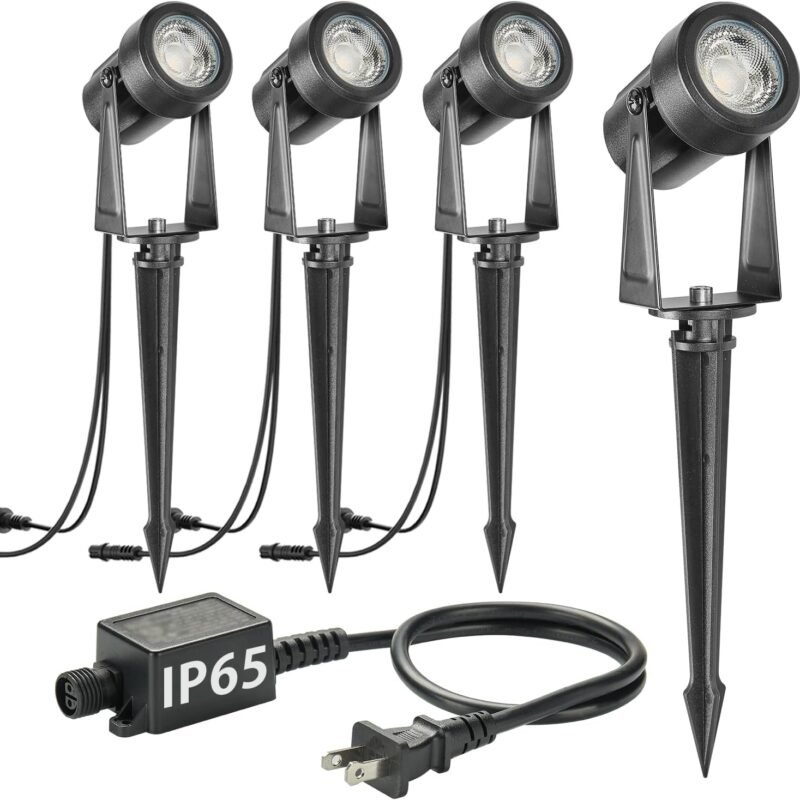 SUNTHIN Outdoor Landscape Lighting, 4 Pack Outdoor Spot Lights with Transformer for Yard, Plant, Lawn, Tree, Flags, House, Garden, Fence Use, IP65 Waterproof & Connectable