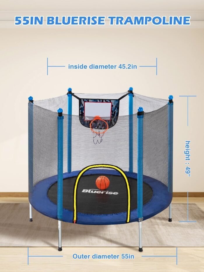 BLUERISE Trampoline 55IN 6FT Toddler Trampoline for Kids Indoor Outdoor Play for Kids Trampoline Basketball Hoop Attachment with Enclosure Net Easy to Assemble Outdoor Indoor Trampoline - Image 5